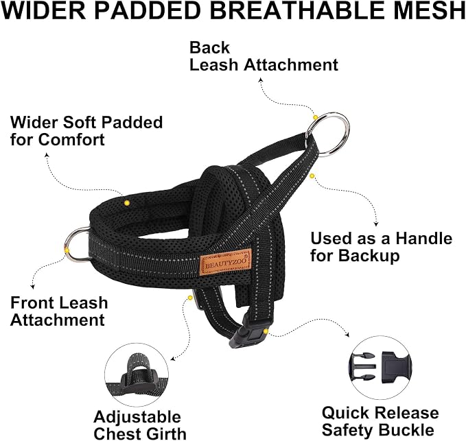 BEAUTYZOO Dog Harness Medium Sized and Leash Set, No Pull Step in Pet Vest | Breathable Mesh with Handle, Reflective, Adjustable No Choke Escape Proof, Lightweight, Easy Control for Walking, Black M - Image 2