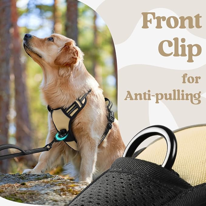 rabbitgoo Dog Harness Medium Sized, Updated Easy On & Off with 3 Buckles | No Pull No Choke, Walking with 2 Clips and Handle, Adjustable Soft Reflective, Beige, Medium - Image 7