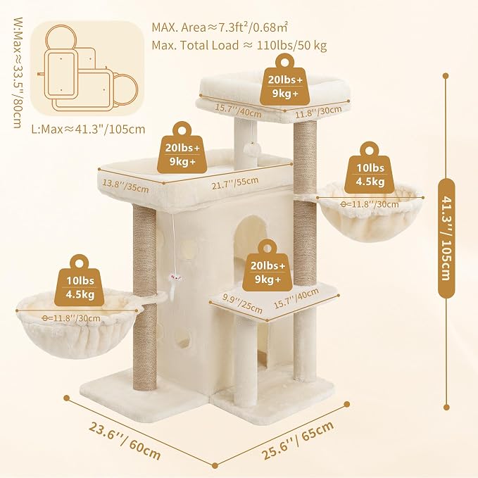 Heybly Cat Tree with Reinforced Big Base, 41.3 in Sturdy Cat Tower HCT075MJ | Indoor Cat Furniture Featuring 2 Roomy Platforms, Double Condos, 2 Cozy Baskets, Full Sisal Scratching Posts, Beige - Image 3