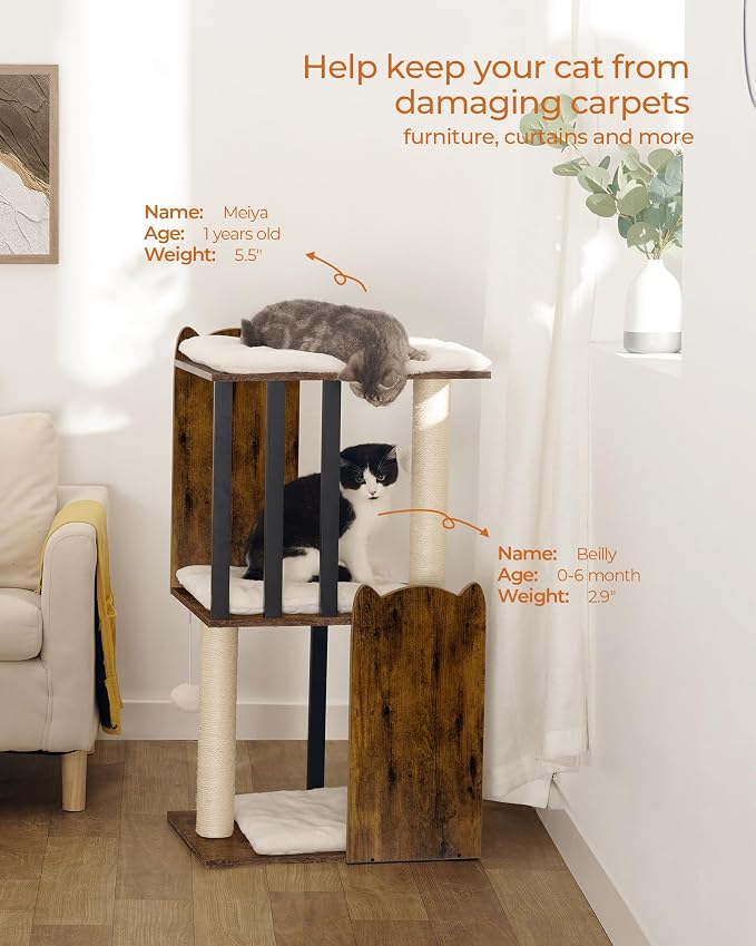 35.4in 3-Tier Modern Cat Tree Tower Condo, Cat Scratch Posts for Indoor Cats, Big Plate, Two Full Sisal Scratching Posts, Rustic Brown - Image 2
