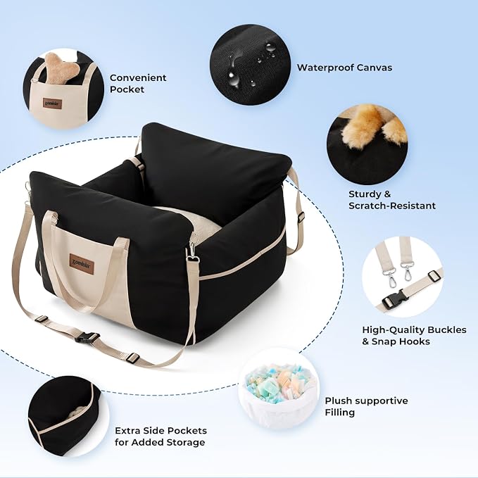 ZOMISIA Dog Car Seat for Small Dogs - Waterproof Pet Booster Seat for Car with Clip-On Safety Leash, Travel Carrier for Medium Puppy up to 25 lbs, Adjustable Buckles, Black - Image 4