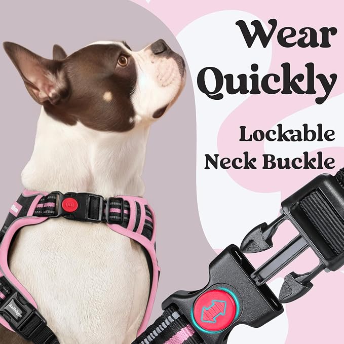 rabbitgoo Dog Harness for Large, Updated Easy On & Off with 3 Buckles | No Pull No Choke, Walking with 2 Clips and Handle, Adjustable Soft Reflective, Black & Pink, Large - Image 2