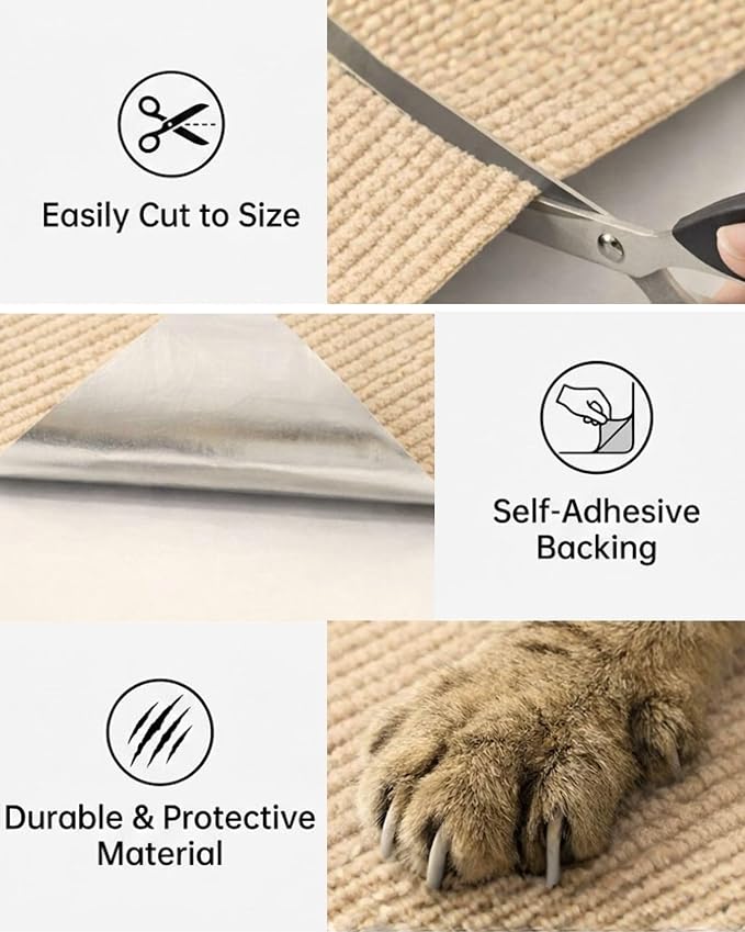 Corner & Wall Cat Scratch Mat, Self-Adhesive Trimmable Cat Scratcher, Wall Mounted Scratching Pad for Indoor Cats, Sofa Furniture Protector, Cat Post Cover Replacement (Beige, 23.6''x11.8'', 3-Pack) - Image 3