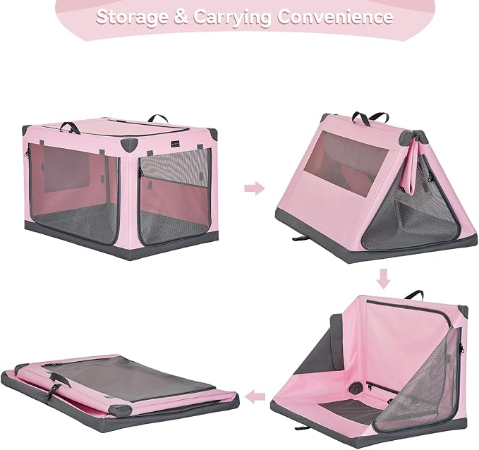 PETSFIT 40" Soft Portable Dog Crate – Patented Spiral Sturdy Frame, Collapsible Travel Kennel for Large Dogs, 3 Mesh Door, Lockable Zippers, Indoor & Car Use Pink - Image 6