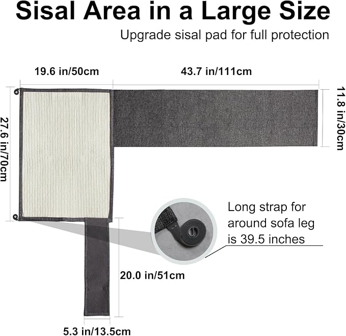 Large Size Cat Scratch Sofa Protector,27.5inch*19.6inch Sisal Couch Protector from Cats/Dogs Scratching for Big Arm Sofa use (Dark Grey/Right Handed) - Image 2