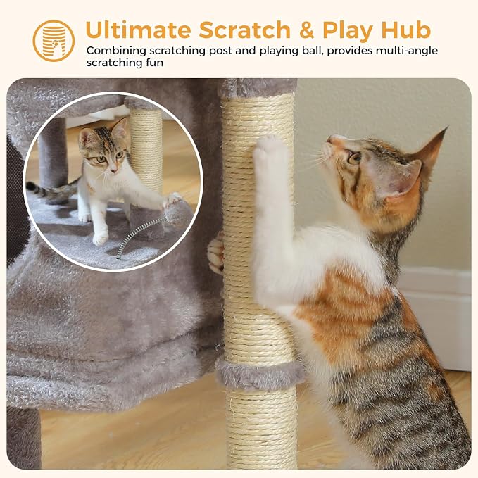 PAWZ Road 26" Cat Tree for Indoor Cats, Small Tower with 19X13”Bed | Cozy Cat Condo with Tall Sisal Posts & Spring Ball, Raised Edge Bed Keeps Cats Secure Compact for Corners or by Window - Image 4