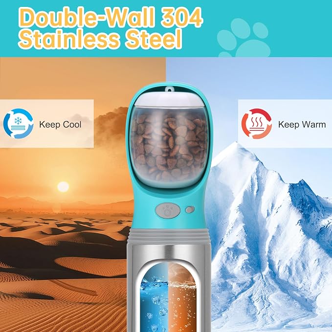 Portable Dog Water Bottle with Food Container, 14 OZ, Stainless Steel | Leak Proof Pet Water Dispenser with Drinking Feeder, Durable, Use for Dog Travel, Walking, Hiking and Outdoor Activities - Image 3