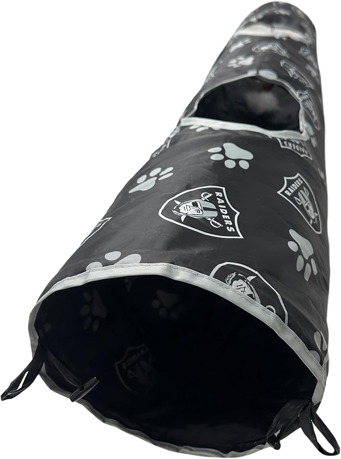 NFL Las Vegas Raiders Cat Tunnel Tube Toy with Plush Football Catnip and Feathers Collapsible Tunnel for Cats to Play, Peek and Hide, Sporty & Fun Cat Tunnel Toy with Team Logo All-Over Design! - Image 2