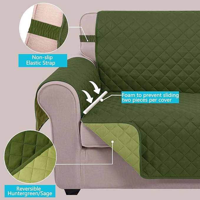U-NICE HOME Reversible Recliner Chair Covers, Huntergreen/Sage | 23''Armchair Cover for dogs Washable, Pet Friendly, Elastic Straps, Water Repellent, Diamond Quilted - Image 3