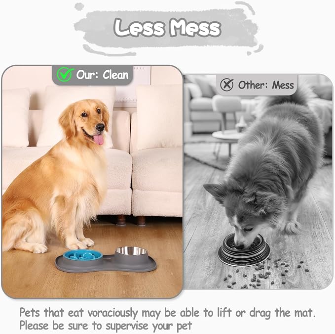 MateeyLife Dog Food and Water Bowl Set 3 in 1, Slow Feeder Dog Bowls & Stainless Steel Water Bowl with Non-Spill Silicone Mat, Cat and Puppy Bowls Pet Dishes for Small Medium Large Breed Anti-Choking - Image 4