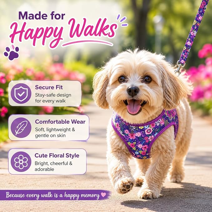 Step in Dog Harness Leash Set- All Weather Reflective No-Pull Floral Pattern Padded Mesh Vest Harness for Cats Puppy Extra-Small Small Medium Large Dogs - Dark Flower - L - Image 5