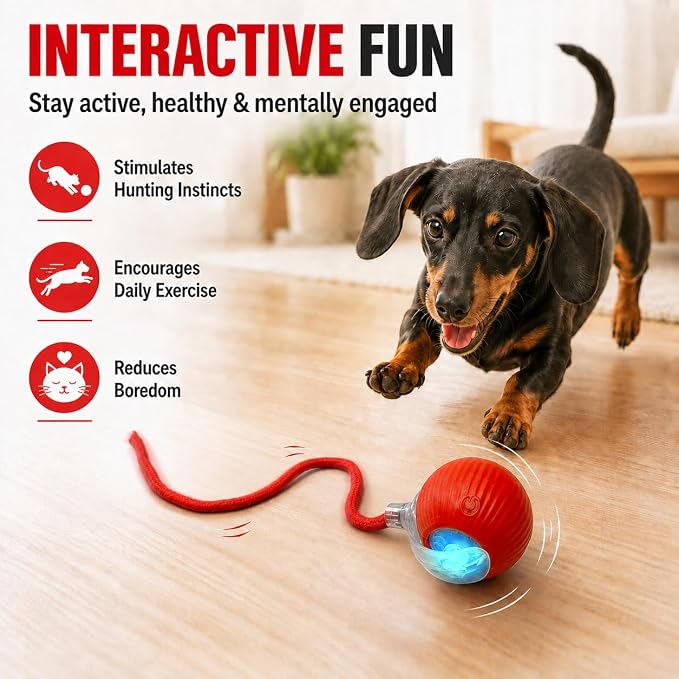 Interactive Automatic Rolling Electronic Stimulation Chase Ball Cat Dog Toy | Smart Electric Moving Stimulating Rechargeable Motion Activated Self Play Teaser for Boredom Small Dog Puppy Pet, with Rope - Image 2