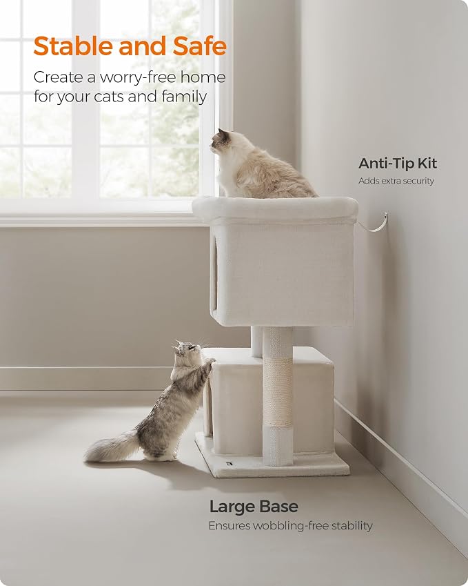 Feandrea Cat Tree, 40.6-Inch Cat Tower, Plush Condo for Extra Large Cats up to 44 lb, Large Perch, 2 Caves, Scratching Post, Cream White UPCT614T01 - Image 8