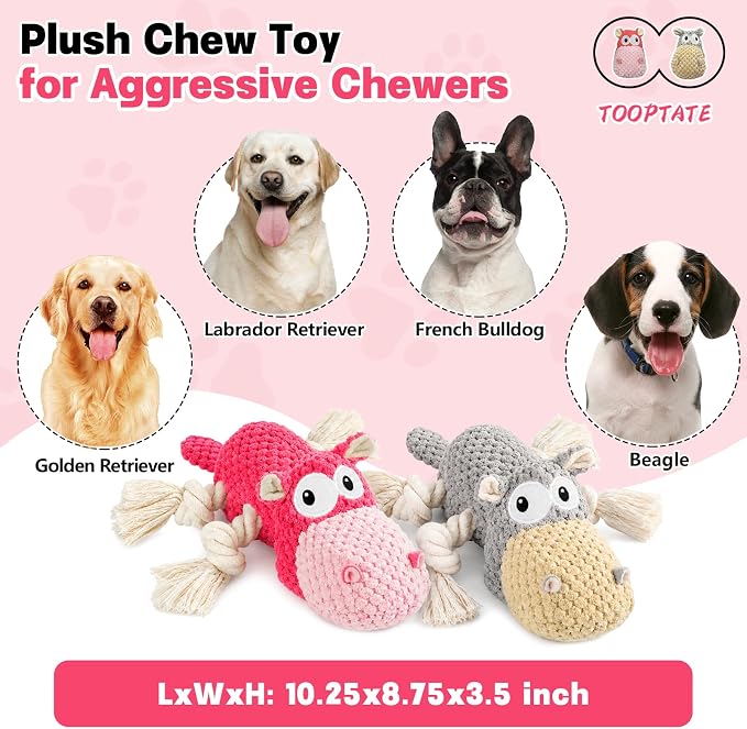 TOOPTATE 2-Pack Squeaky Hippo Dog Toys, Gray & Pink, Medium | Cute Plush Design, Rope Legs for Tugging, Helps Keep Dogs Busy, Suitable for Small, Medium, and Large Dogs - Image 3