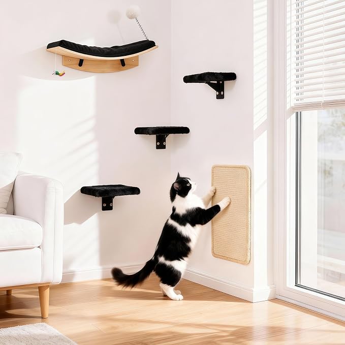 Wooden Cat Wall Shelves and Perches, 5 Piece Wall Mounted Cat Furniture System with Soft Washable Pads, Modern & Space-Saving Design for Climbing and Play - Image 3