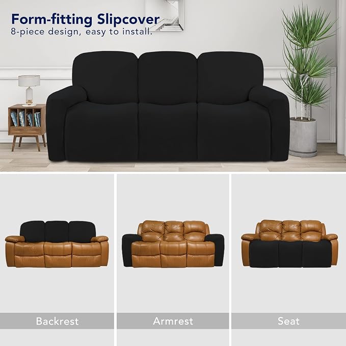PureFit Super Stretch 3 Seats Recliner Sofa Couch Cover with Pocket | Non Slip Soft Sofa Slipcover, Washable Spandex Reclining Furniture Protector for Kids, Pets (Recliner Sofa, Black) - Image 4