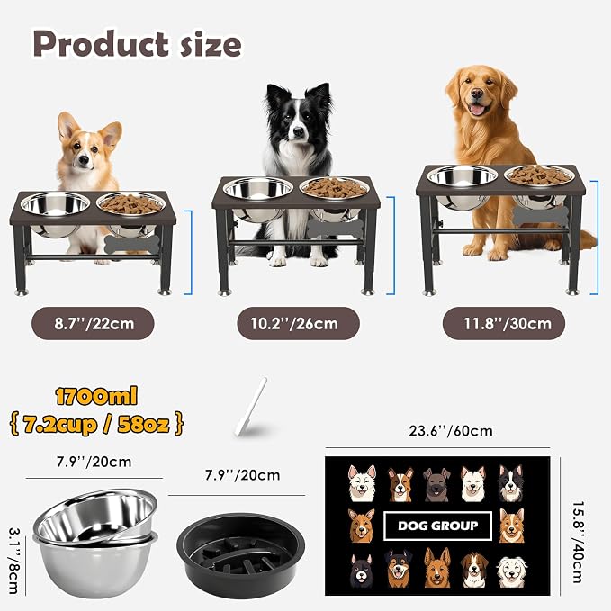 SHAINFUN Elevated Dog Bowls with Slow Feeder & Mat for Medium Large Dogs, Adjustable Height, Raised Dog Bowl Stand with 2 Stainless Steel 58oz Bowls, Tall Dogs Food Water Bowl Wooden & Metal Holder - Image 3