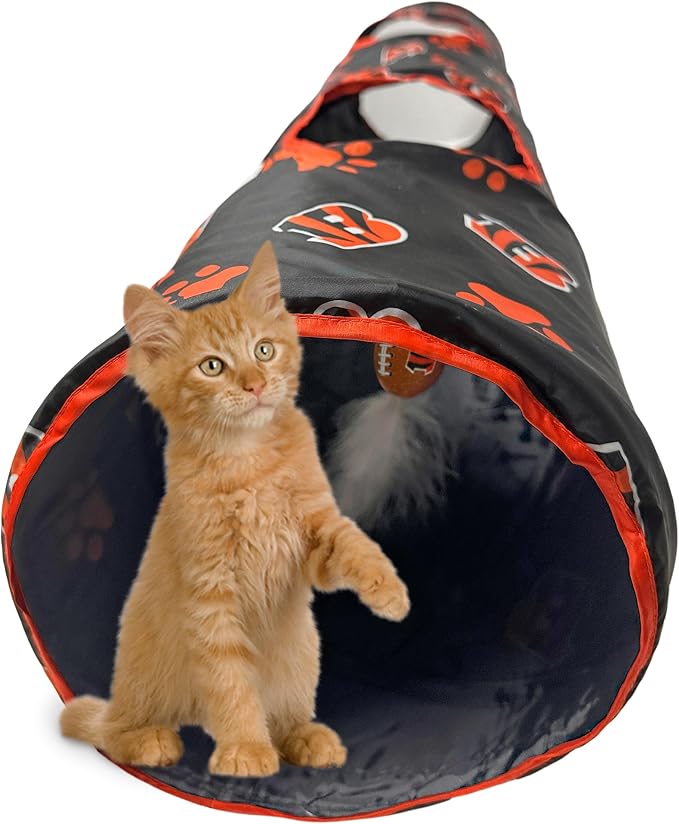 NFL Cincinnati Bengals Cat Tunnel Tube Toy with Plush Football Catnip and Feathers Collapsible Tunnel for Cats to Play, Peek and Hide, Sporty & Fun Cat Tunnel Toy with Team Logo All-Over Design! - Image 3