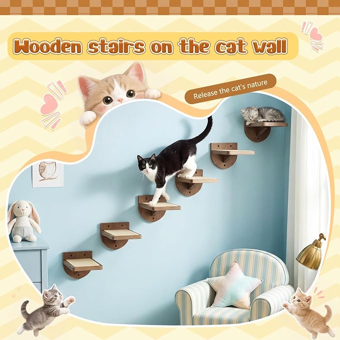 SiliFine Set of 6 Dark Brown Cat Wall Stairs, Climbing Steps, Cat Wall Shelves Perch with Fixtures and Felt 8.7"x4.7" Stairs Natural Birch Wooden | Floating Steps for Playing Climbing - Image 4