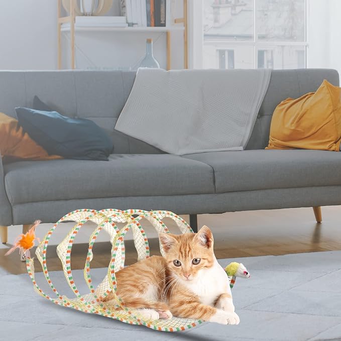 2pcs, Folded Cat Tunnel Spring, 10in Large Size Portable Cat Toy Spiral Tunnel, with Synthetic Feather and Toy Mouse Tunnel Spring Outdoor Puppy Kitten Generic (Striped Yellow, Purple) | with Synthetic Feather and Toy Mouse Tunnel Spring Outdoor Puppy ... - Image 5