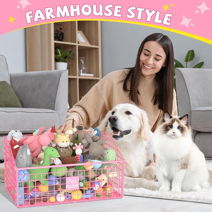 Kaiferty Indestructible Dog Toy basket, Large Toy Bin for Dogs,Pet Toy Bin Dog Metal Basket Organizer Storage for Toys Food Storage (Pink) - Image 6