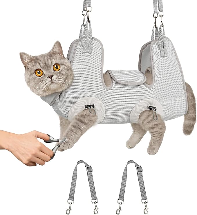 Supet Cat Grooming Hammock Harness for Nail Trimming, Kitten Care Sling | Small Dog Hanging Sling for Nail Clipping, Pet Restraint Holder for Medicine, Ear & Teeth Cleaning, Eye Care (Grey M) by Supet