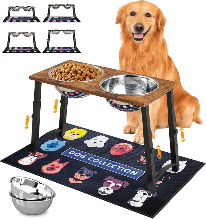 Elevated Dog Bowls for Large Extra Large Dogs with Mat, 4 Height Adjustable, 2 Stainless Steel Dog Bowls 3000ml,101oz by TIDANT