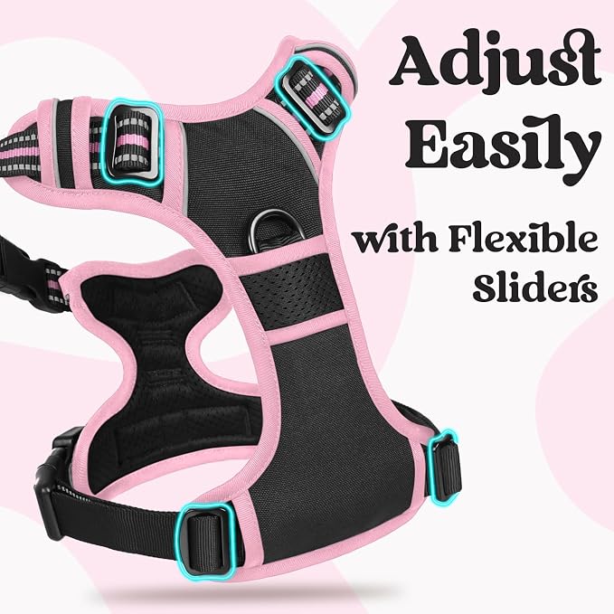 rabbitgoo Dog Harness for Large, Updated Easy On & Off with 3 Buckles | No Pull No Choke, Walking with 2 Clips and Handle, Adjustable Soft Reflective, Black & Pink, Large - Image 3