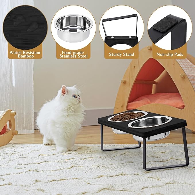 Elevated Cat Food Bowl for Indoor Cat, Black Raised Water Bowl Set for Pet | Whisker Friendly, Anti Vomit, Feeding Station for Puppy, Stainless Steel, Pet Dish, Easy Assembly, Bamboo, Dishwashers Safe - Image 4