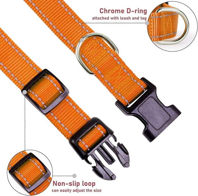 Reflective Dog Collar with Buckle Adjustable Safety Nylon Collars for Small Medium Large Dogs, Orange M | No Chafing on Walks and Outdoor Hikes, Metal D-Ring, Night Safety - Image 3