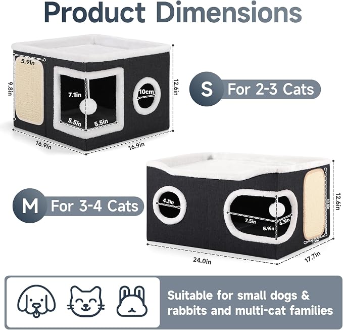 Shikha Extra Large Cat House Bed for Multi Cats with Scratch Pad Black | 24 x 17.7 x 12.6 IN Widen Cat Cave Cube for Multi Pets, Foldable, Arc-Edge Design, Oval Door, All Seasons Reversible Cushion - Image 2
