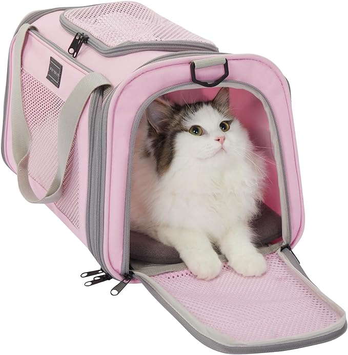 Petsfit Cat Carrier Airline Approved, 17.5×10.5×10.5 in, Pink | Escape-Proof Design with Locking Zippers & Safety Leash, Easy-Access 3-Way Entry, Washable Mat up to 12 lb by Petsfit