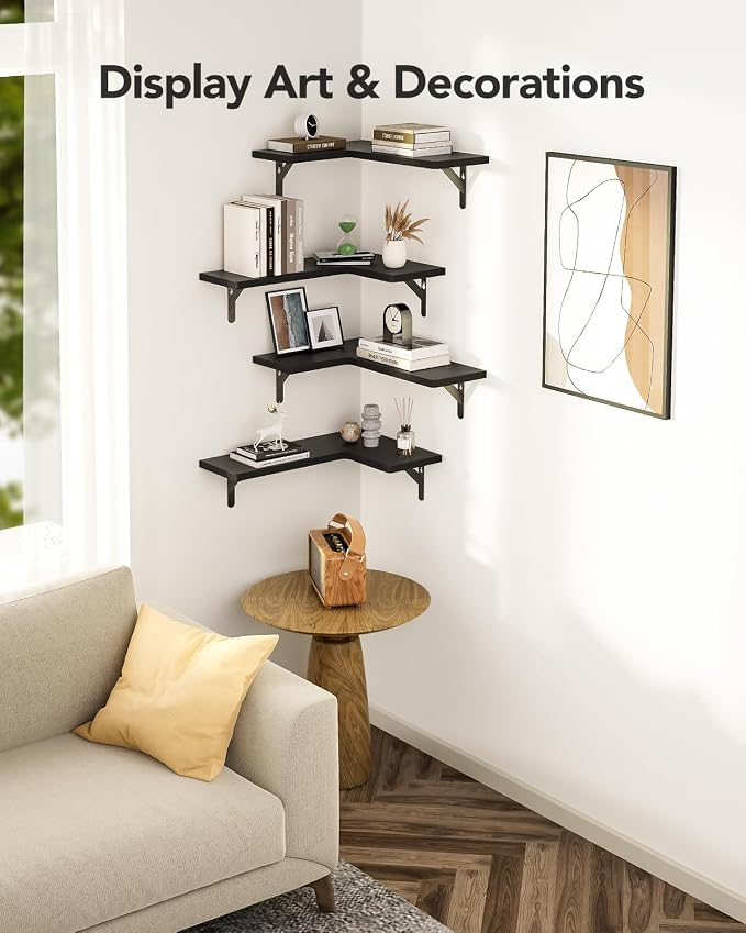 Amada Corner Floating Shelves, Paulownia Wood, Set of 4, Black | Corner Wall Shelves with Triangular Metal Bracket, 44 lbs Capacity per Shelf, L-Shaped Design for Home Decor, Kitchen Storage - Image 7