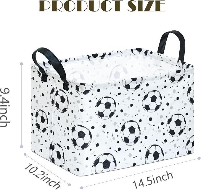 Kids Storage Basket with Soccer Print, 14.5" x 10.2" x 9.1", Waterproof with Leather Handles, Collapsible Rectangular Bin for Boys Sports Gear, Toys & Laundry - Image 2