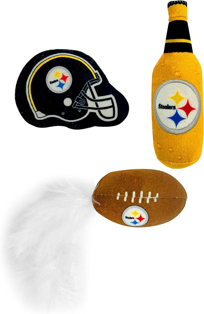 BEST PLUSH CAT TOY NFL PITTSBURGH STEELERS Complete Set of 3 piece Cat Toys filled with Fresh Catnip. Includes: 1 Helmet Cat Toy, 1 Football Cat Toy with Feathers & 1 Beer Bottle. Beautiful Team LOGOS - Image 6