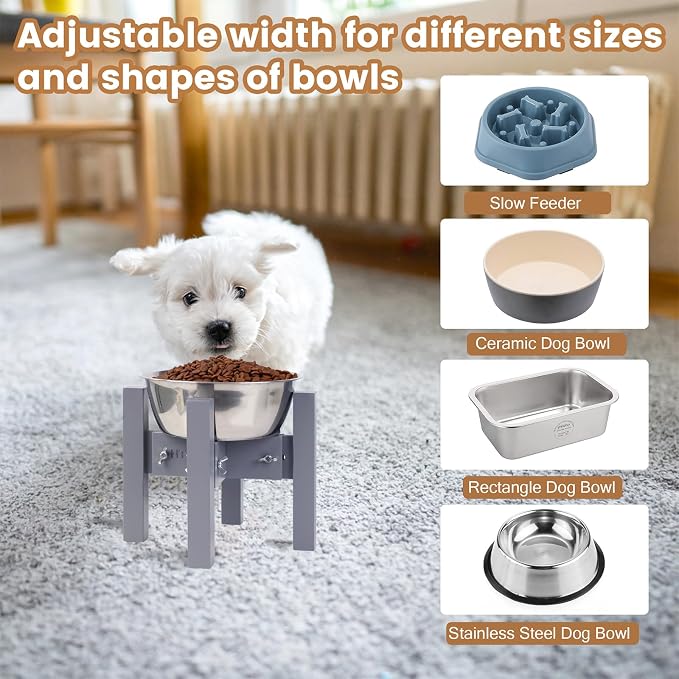 Elevated Dog Bowl Stand Adjustable Dog Food Holder 7”H Small Grey | 7” Elevated Dog Bowl Stand, Small Dogs, Adjustable, Fits 6”-8” Bowls, Single Bowl Holder, Natural Bamboo, Classic Grey - Image 6