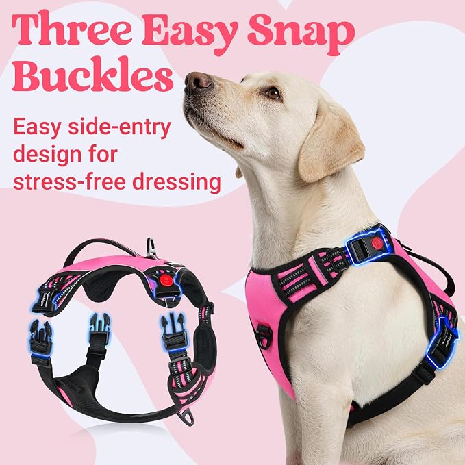 rabbitgoo Large Dog Harness, Easy Wear with 3 Buckles and Lift Handle | No Pull with Front Clip for Walking, Adjustable Soft Padded, Reflective, Easy Control, Pink, Large - Image 3