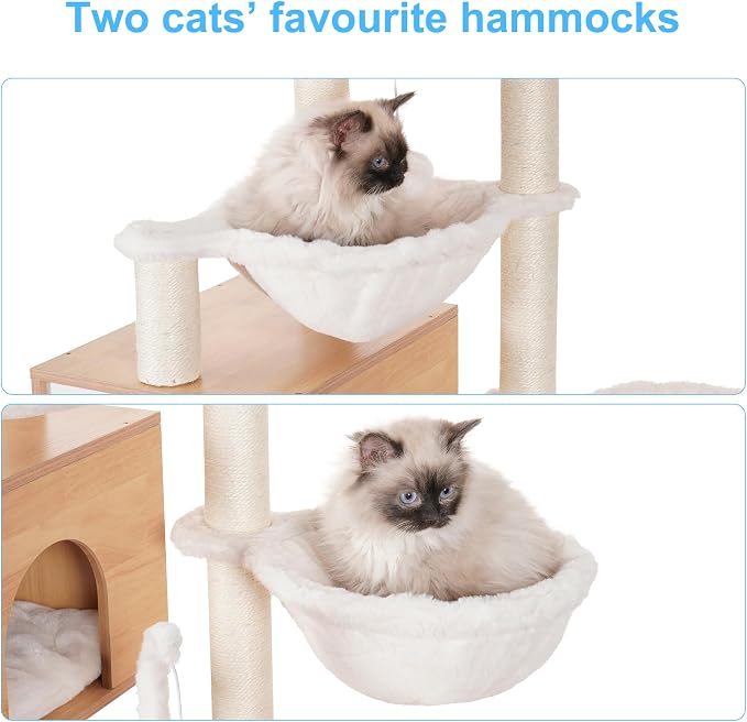 Hey-brother Cat Tree Tower, Wooden Litter Box Enclosure and Condo, MPJ115WB | 61.02 Inches Modern Cat Furniture with Large Platform, Scratching Posts, 2 Hammocks, All-in-one for Indoor Cats, Rustic Brown - Image 5
