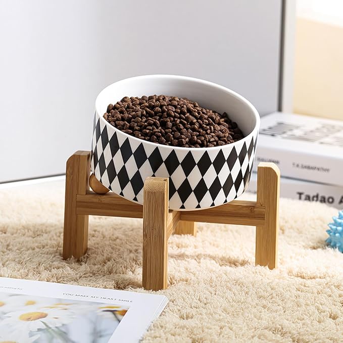 Petygooing Elevated/Raised 15°Slanted Ceramic Dog Bowl for Small and Medium Breeds, Tilted Anti Slip Pet Bowl,Food Water Dish with Stand for Cats and Dogs (28 OZ/3.6 Cups) Black Rhombus - Image 6