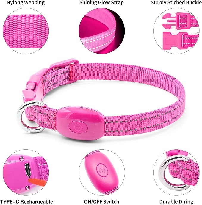 Light Up Collar for Small Dogs& Cats, Reflective LED Dog Collar Rechargeable Puppy Safety Lights for Nighttime Walking (Pink) - Image 3