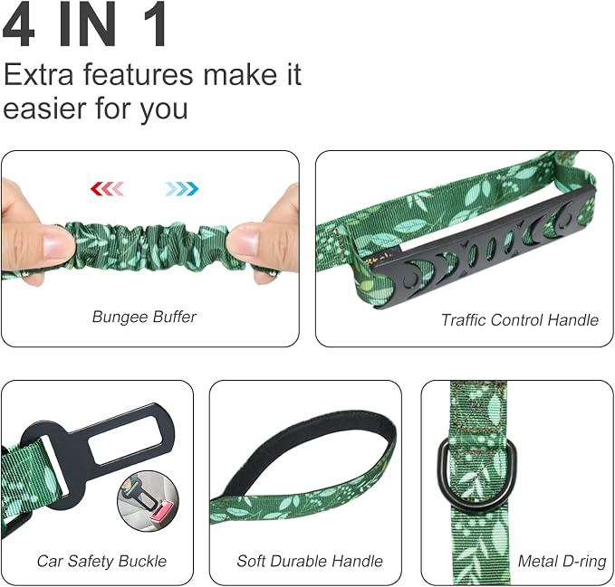 Hotsky Tactical Bungee Shock Absorbing No Pull Dog Leash,Leaves,4-6FT | Heavy Duty for Medium Large Dogs That Pull up to 660 lb,with Padded Double Handle ＆ Car Seatbelt,360°Rotating Locking Clasp - Image 4