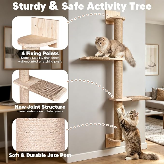 Tall Wall Cat Tree 47"‌, Wood Cat Wall Shelves Wall-Mounted Scratching Post | with Natural Jute Rope Adjustable Cat Tower for Indoor Cats (3-Tier Cat Tree, Natural Sisal Color) - Image 3