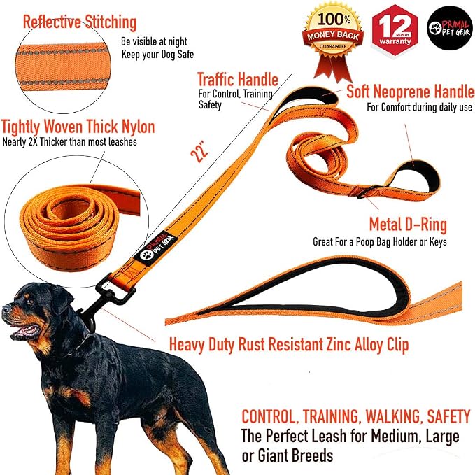Dog Leash 6ft Long,Traffic Padded Two Handle,Heavy Duty,Reflective Double Handles Lead for Control Safety Training,Leashes for Large Dogs or Medium Dogs,Dual Handles Leads(Orange) - Image 2