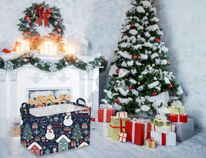 Rectangular Christmas Baskets,Snowman Basket Empty,Waterproof PE Coating Cute Bins for Kids with Handles,Gifts Baskets,Books Bin. (Blue Snowman) - Image 3