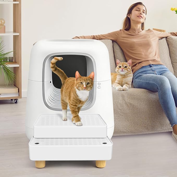 Extra Large 2 Steps Cat Litter Box Step Ramp, Cat Litter Catcher Mat with Wooden Feet, Filter Function, Cat's Pedal Stool for Self-Cleaning Litter, Suitable Kitten & Elderly Cats (White) - Image 7