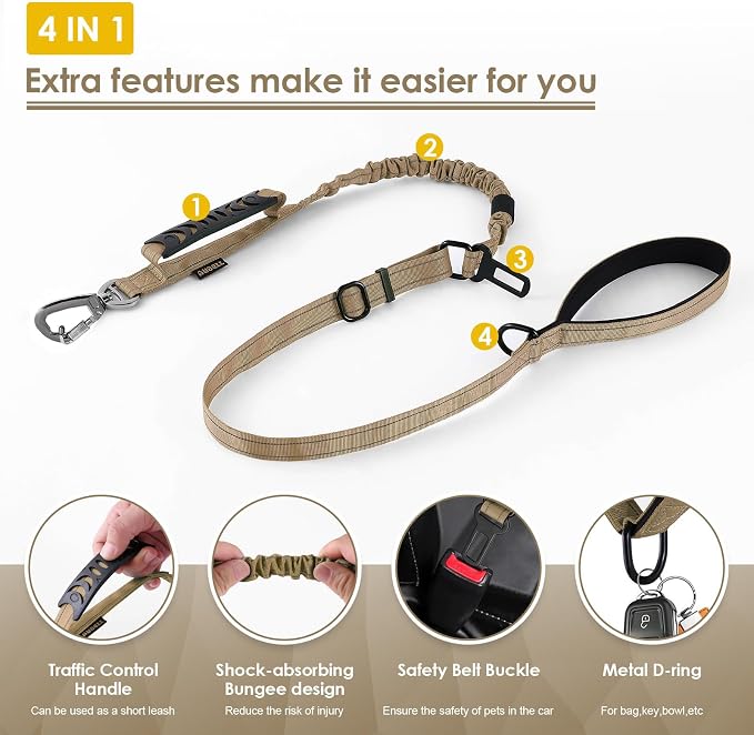 AUBELL Tactical Dog Leash Heavy Duty,4-6ft No Pull Bungee Leash,Brown | Reflective Dog Leash for Medium Large Dogs with Comfortable Padded Double Handle,Car Seat Belt,360 Degree Rotating Carabiner - Image 4