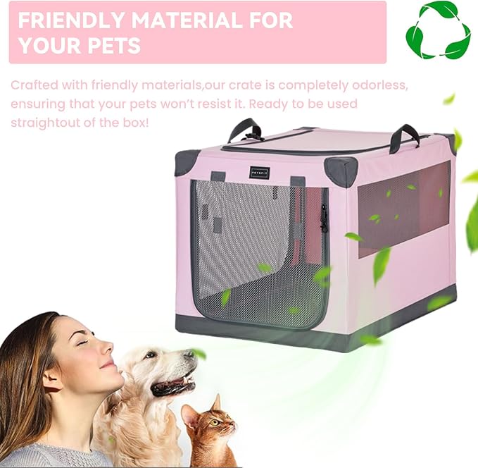 PETSFIT 40" Soft Portable Dog Crate – Patented Spiral Sturdy Frame, Collapsible Travel Kennel for Large Dogs, 3 Mesh Door, Lockable Zippers, Indoor & Car Use Pink - Image 8