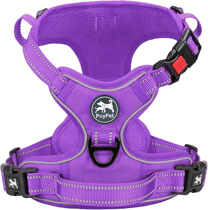 PoyPet No Pull Dog Harness, Reflective Vest with 2 Leash Clips & Handle | Lockable Neck Release Buckle, No Choke, Adjustable, Soft Padded, for Walking Training, Purple Matching Trim, Large by PoyPet