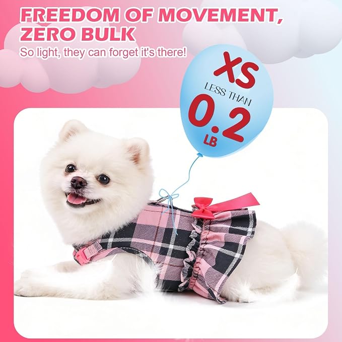 EXPAWLORER Dog Harness Small Medium Sized Dogs, No Choke No Pull Mesh Vest | Plaid Dog Dress Bowknot Harness and Leash Set Soft Cute Princess Puppy Outfits Clothes Costume for Girls Party Cats Pink XS - Image 5