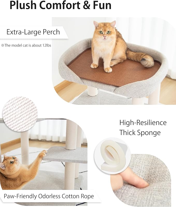 Cat Tree Tower Wooden 37.4''(95 cm), Large Cat Tree with Jump Platform & Play Ball for Indoor Cats, Ideal Cat's Climbing Frame & Playhouse (Linen Fabric Light Grey) - Image 8